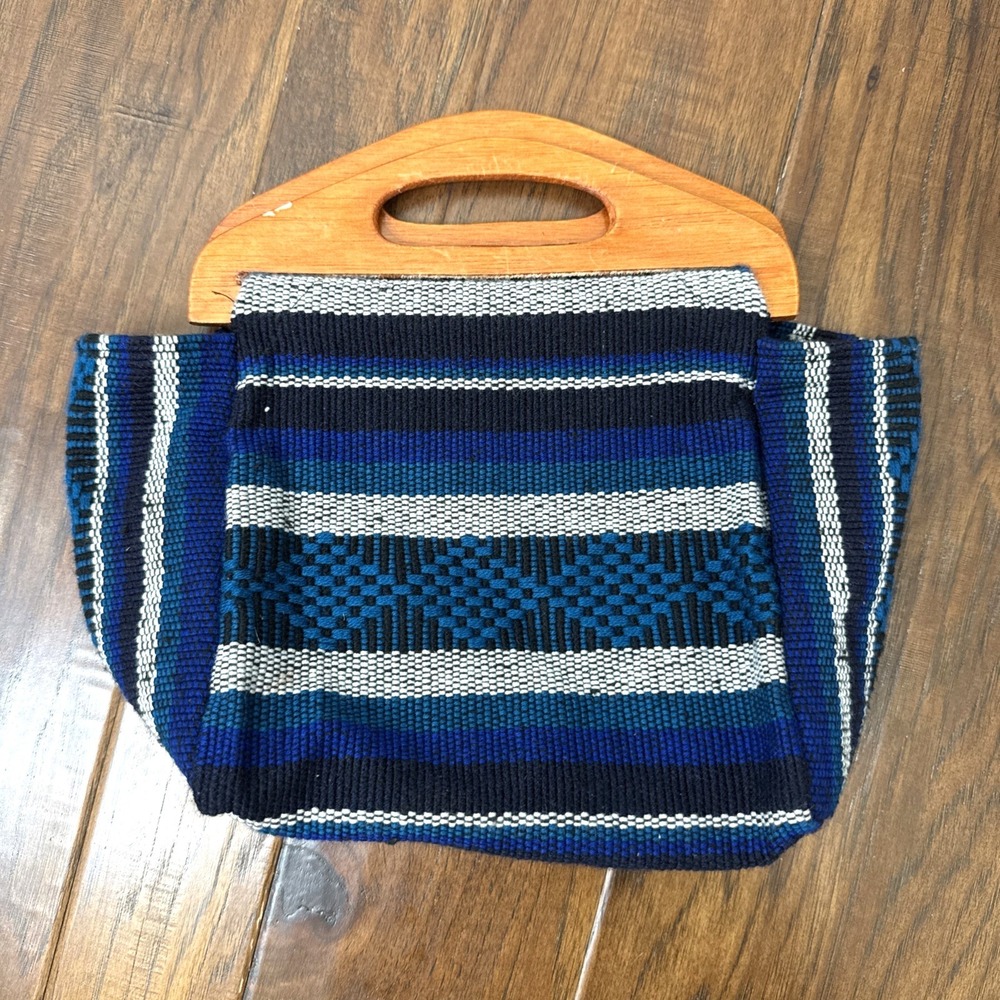 Vintage Hand Loomed Aztec Tapestry Handbag Wooden Top Handle Boho Hippie Granola
